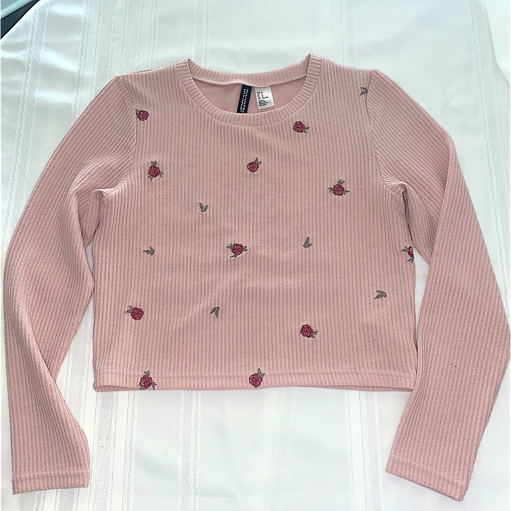 Divided H&M Long Sleeve Ribbed Crop Top Blush Pink Rose Stretchy Women’s Medium